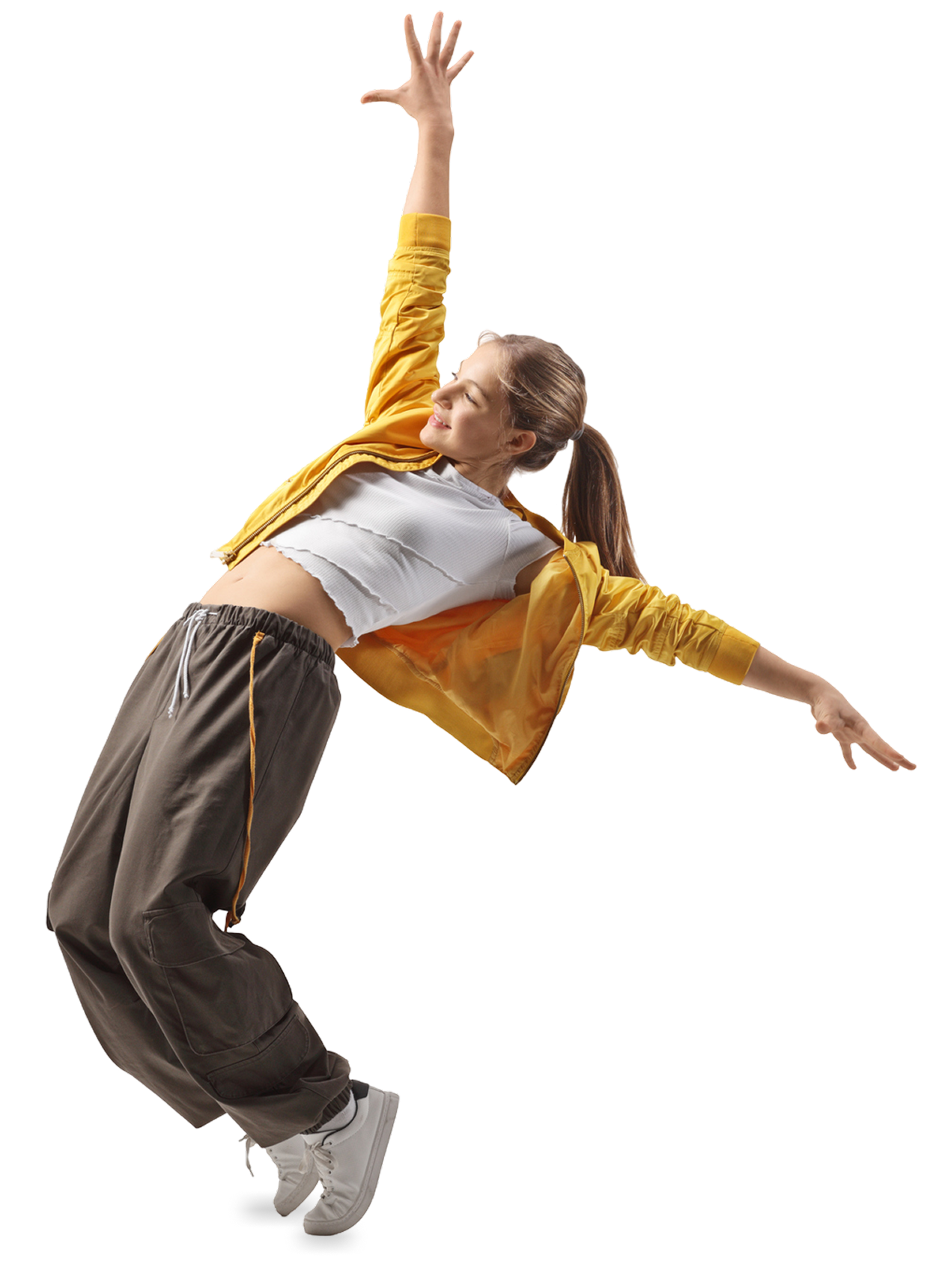 Dancer leaping in vibrant yellow jacket.