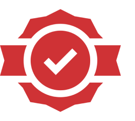 Red badge with checkmark symbolizing approval or verification.