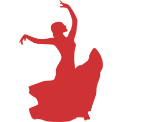 Silhouette of a flamenco dancer in a dramatic pose with flowing skirt.