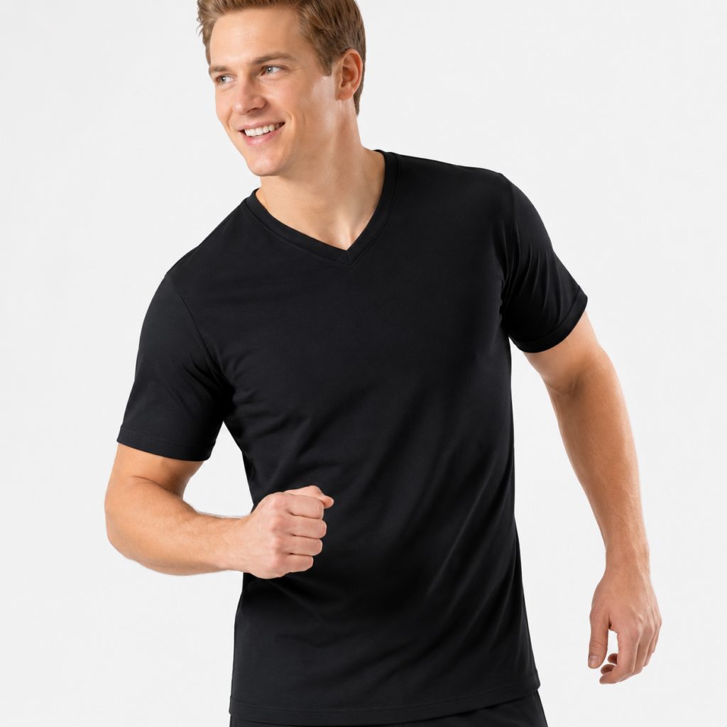 Smiling man in black V-neck T-shirt posing casually.