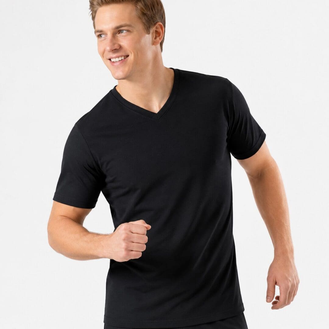Smiling man in black V-neck T-shirt posing casually.