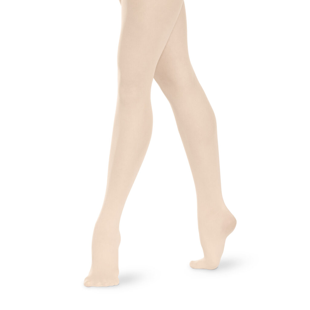Person wearing beige tights standing on tiptoes.