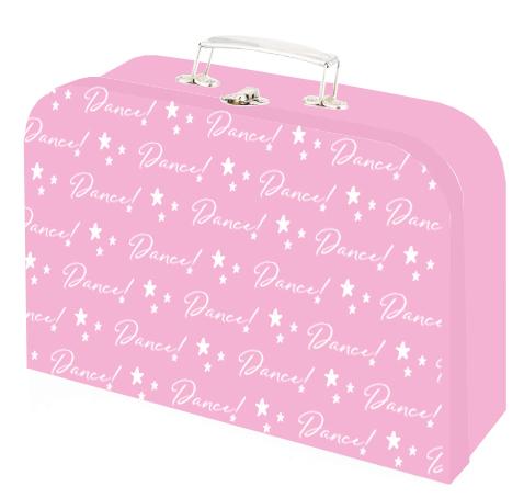 Pink children's suitcase decorated with white bows and diamonds.