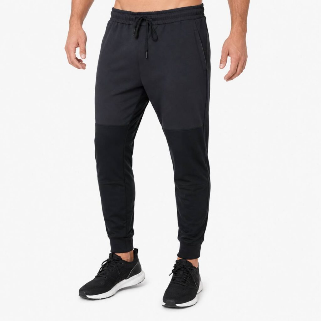 Man wearing black athletic jogger pants and black sneakers.