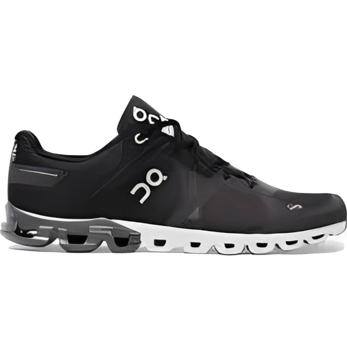 Black and white athletic shoe with cushioned sole and laces.