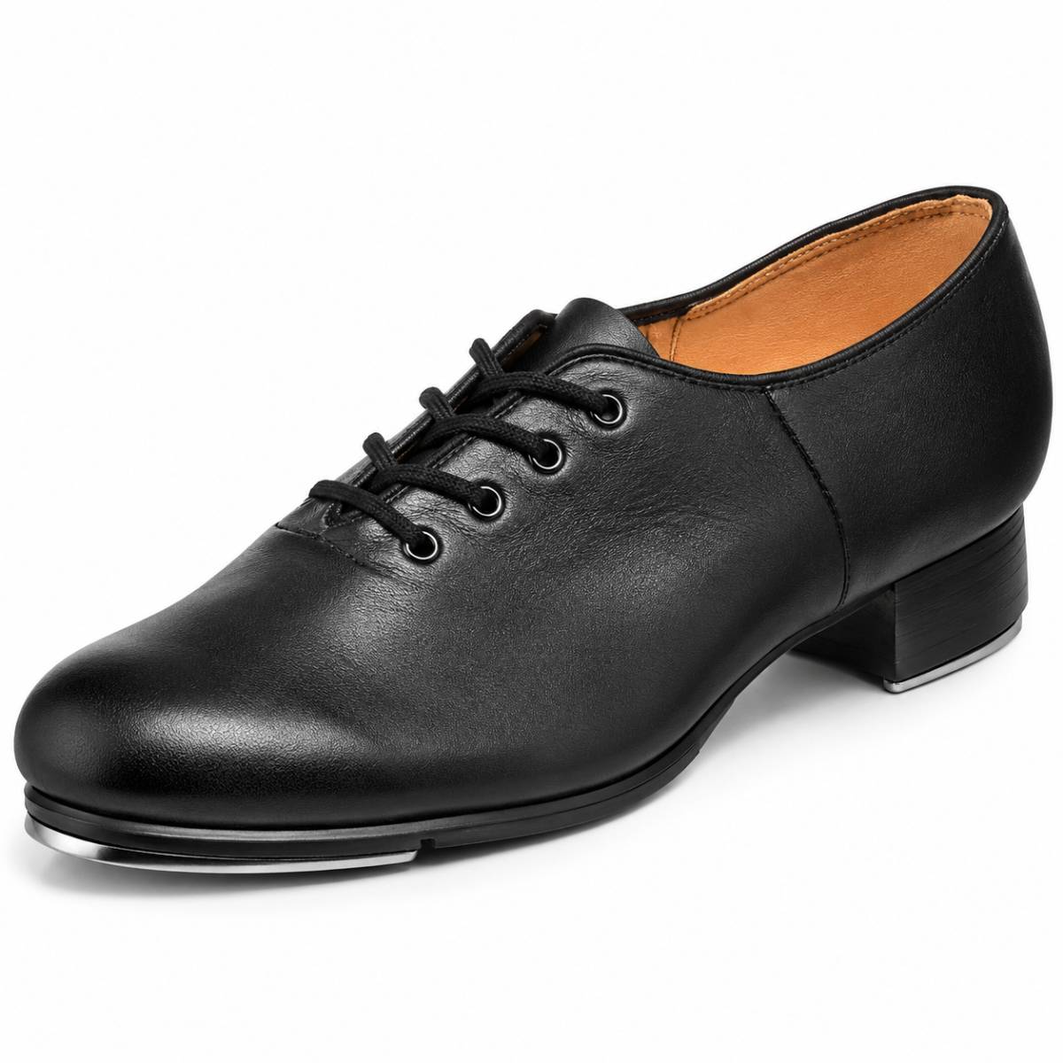 Black leather tap dance shoe with laces and small heel.