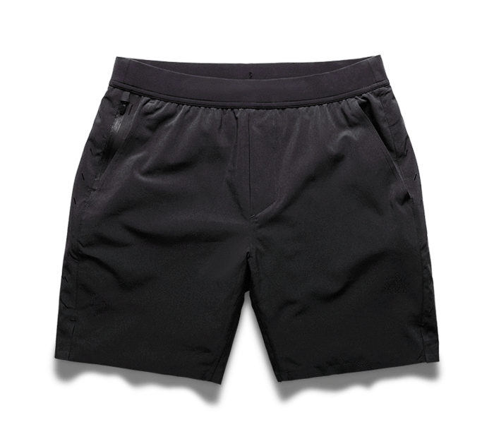 Black casual shorts with side pockets and elastic waistband.
