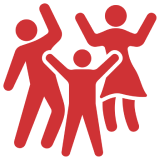 Red icon of a joyful dancing family with two adults and one child.
