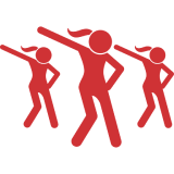 Three red silhouettes of people dancing with one arm raised.