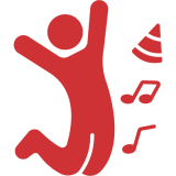 Red figure jumping joyfully with music notes and a party hat.