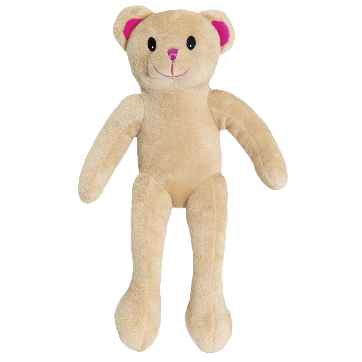 A beige teddy bear with pink ears and nose.