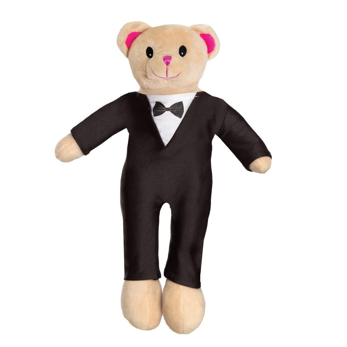 A teddy bear dressed in a black tuxedo with a bow tie.