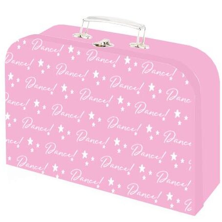 Pink children's suitcase decorated with white bows and diamonds.