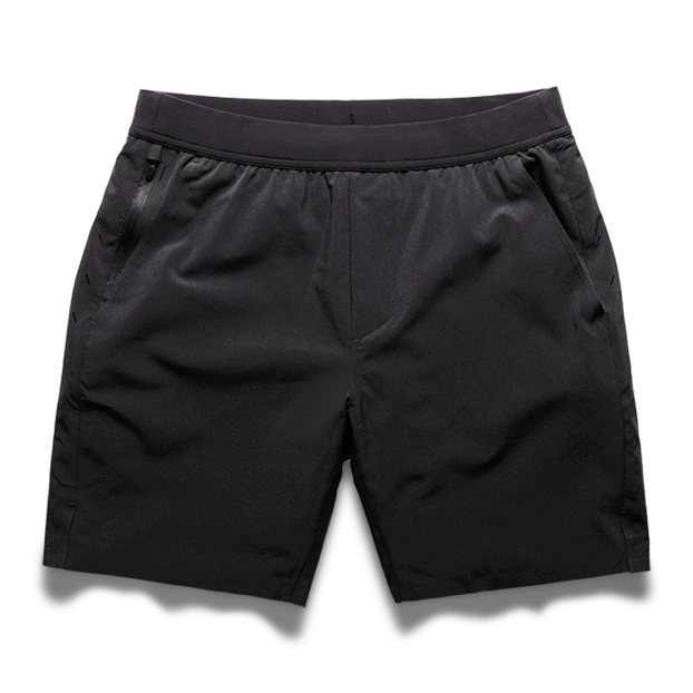 Black casual shorts with side pockets and elastic waistband.